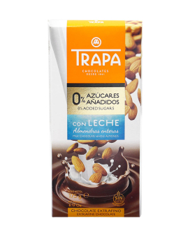 Шоколад молочний без цукру з цільним мигдалем Trapa Milk Chocolate Whole Almonds 0% Added Sugar, 175 г (8410679235054) - фото