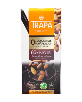 Шоколад черный без сахара с цельным миндалем Trapa Noir Whole Almonds 0% Added Sugar, 175 г (8410679235009) - фото