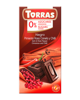 Шоколад черный без сахара, без глютена TORRAS с розовым перцем, чили, корицей 52%, 75 г (8410342004550) - фото
