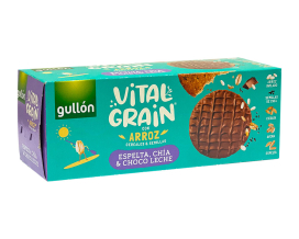 Печенье цельнозерновое со спельтой, чиа, рисом под молочным шоколадом GULLON Vitalgrain con Arroz, 310 г (8410376069846) - фото