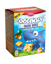 Печиво з повітряним шоколадним рисом та шоколадними чіпсами Cuetara Oceanix Shark Bites Укуси акулы, 150 г (8434165578531) - фото
