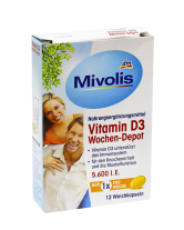 Фото продукта:Витамин D3 Mivolis Vitamin D3 Wochen-Depot 5.600 I.E., 12 капсул (4058172...