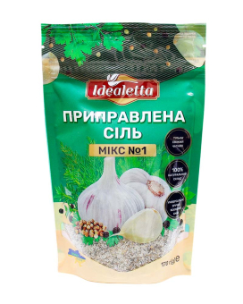 Сіль приправлена свіжим часником, чорним перцем та травами Idealetta Мікс № 1, 170 г - фото